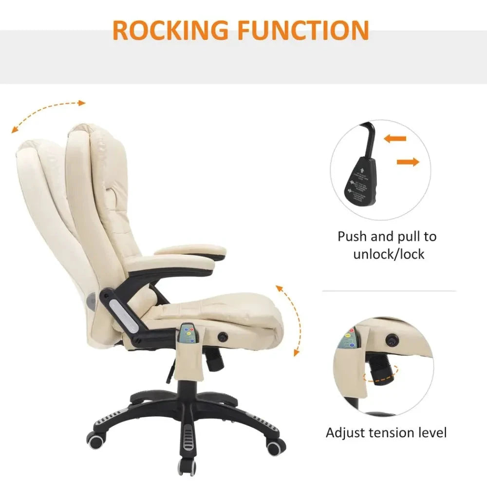 Executive Office Chair with Massage and Heat PU Leather Reclining Chair, Beige by Unbranded