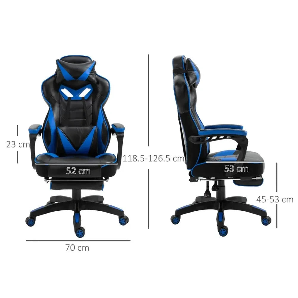 Gaming Chair Ergonomic Reclining w/ Manual Footrest Wheels Stylish Office Blue - Office Chair