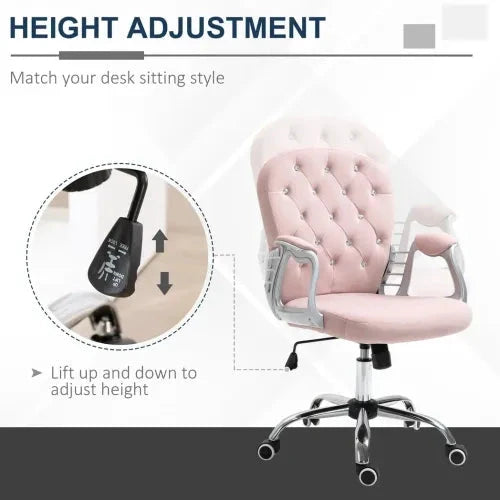 Office Chair Luxury Velour Diamond Tufted Padded Ergonomic 360 Swivel Pink by Unbranded