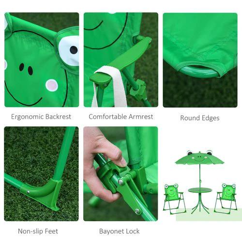Foldable Patio Kids Metal Picnic Table w/ Frog Umbrella Green 4-piece - Picnic Tables