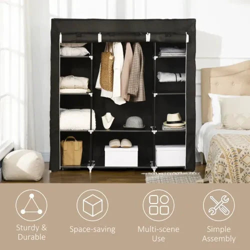 Unbranded Fabric Wardrobe Portable Wardrobe with 10 Shelves 1 Hanging Rail Black - Wardrobe