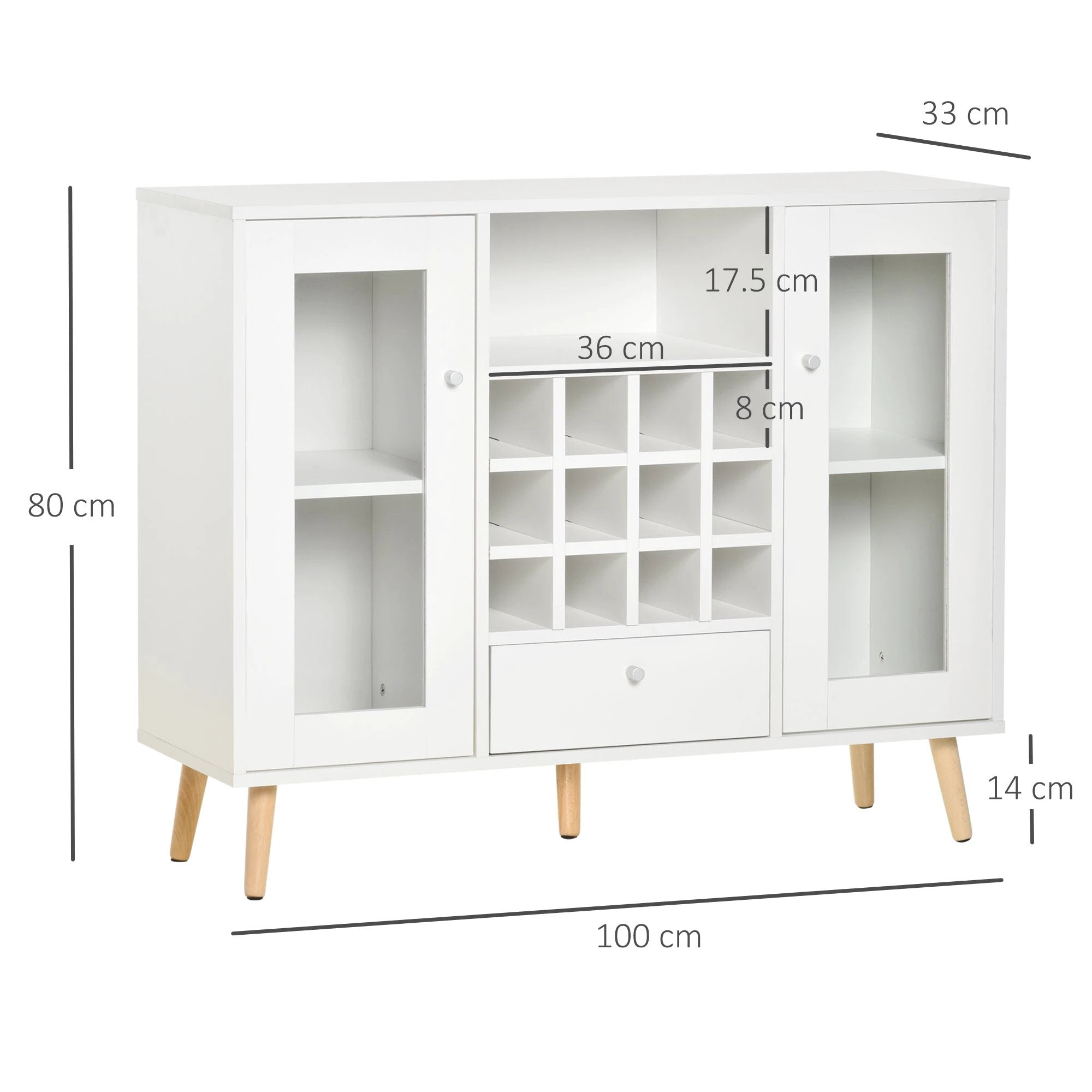 Sideboard Cabinet Kitchen Cupboard with Glass Doors, Drawer & Wine Rack