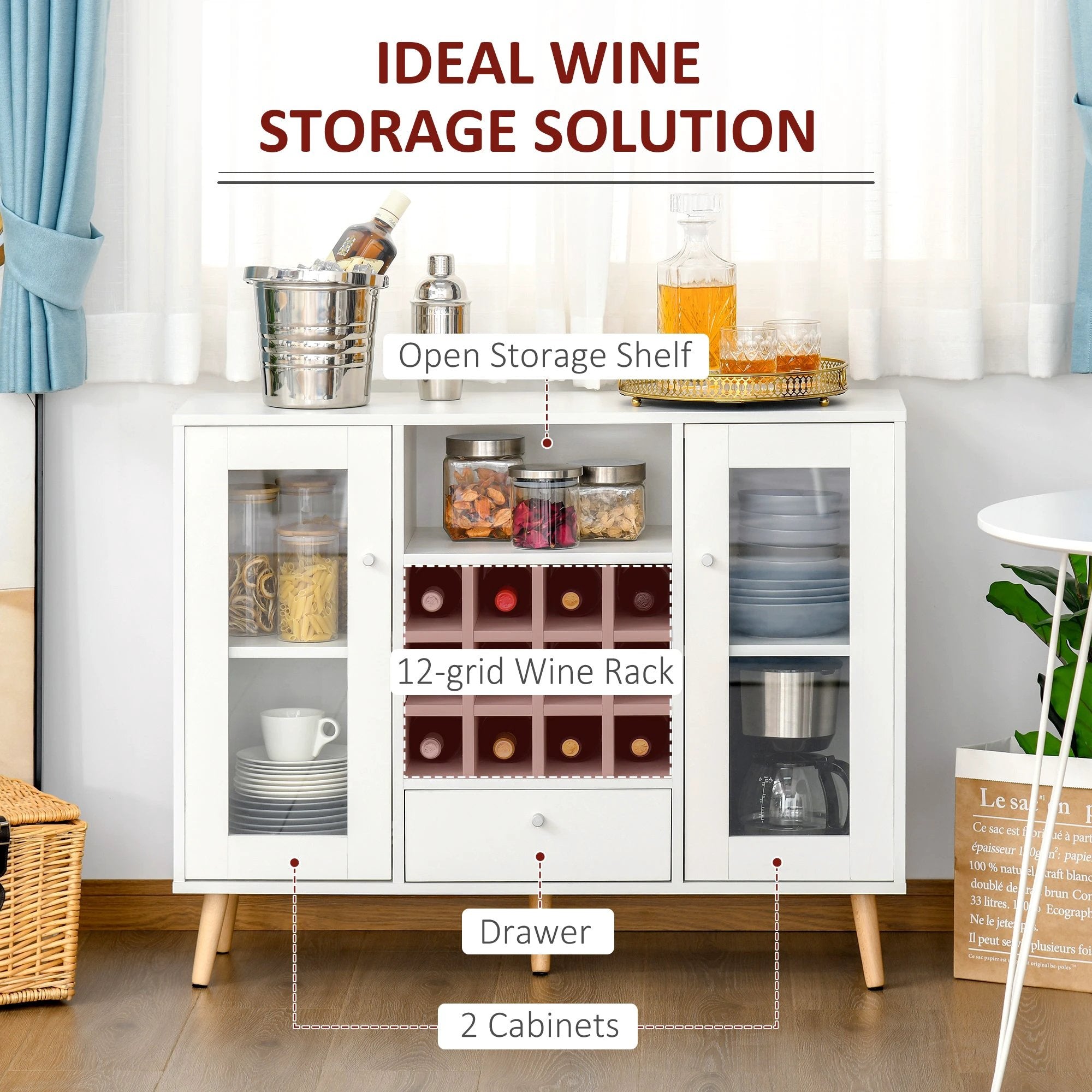 Sideboard Cabinet Kitchen Cupboard with Glass Doors, Drawer & Wine Rack