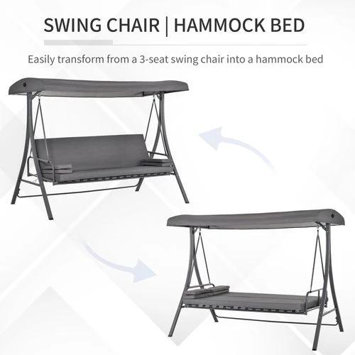 2-in-1 Swing Chair 3 Seater Bench Hammock Bed Adjustable Canopy Pillow, Grey by Outsunny