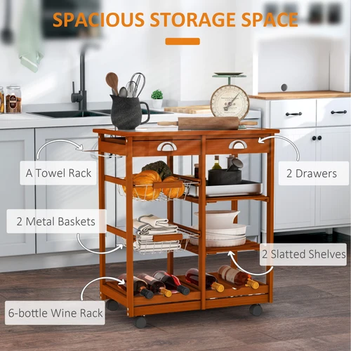 Pine Wood Kitchen Trolley with Tile Top and 6-Bottle Wine Rack for Efficient Home Organization by HOMCOM