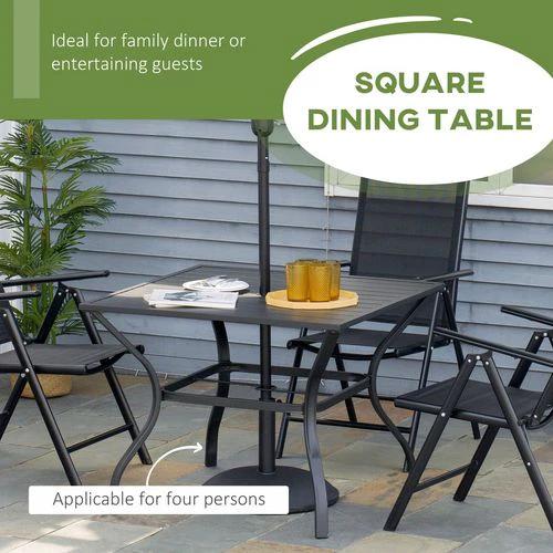 Outsunny Garden Table with Parasol Hole for Four, Slatted Metal Plate Top by Outsunny