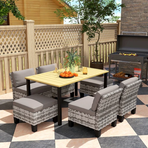 Outsunny 7 Piece Rattan Garden Dining Set with Cushions and Umbrella Hole for Outdoor Gatherings by Outsunny
