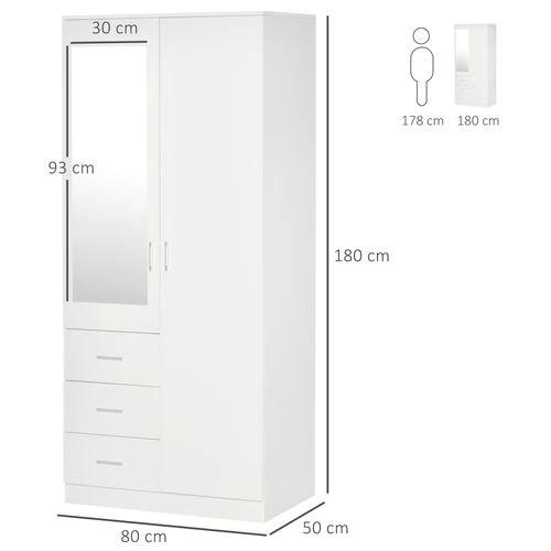 2-Door Wardrobe w/ Adjustable Shelf 3 Drawers for Bedroom, 180cm, White by Unbranded