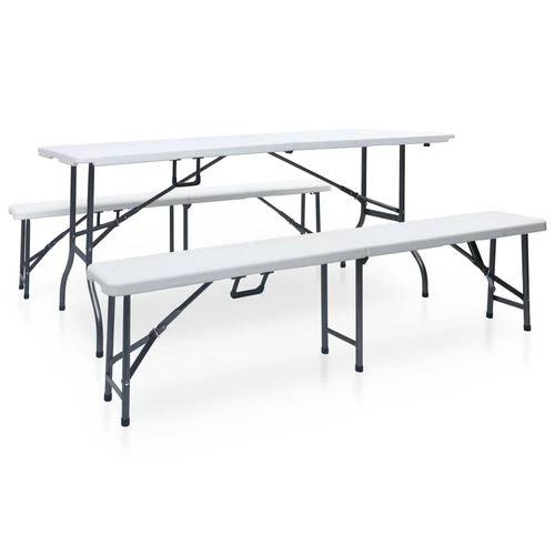 vidaXL Folding Garden Table with 2 Benches 180 cm Steel and HDPE White - Garden Table