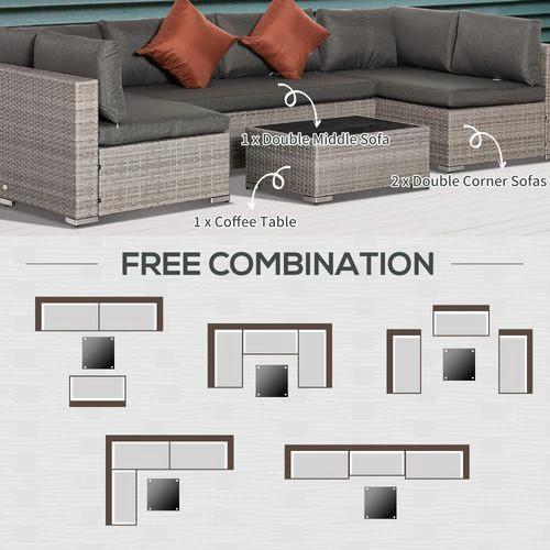 Outsunny 6-Seater Patio PE Rattan Sofa Set, w/ Tempered Glass Coffee Table Grey - Garden Sofa Sets
