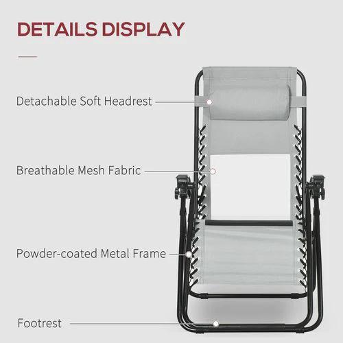 Foldable Garden Recliner Chair Set of 2 w/ Footstool & Headrest, Grey by Outsunny