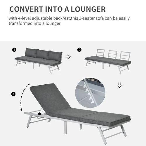 3Pc Garden Seating Set w/ Convertible Sofa Lounge Table Grey Coffee by Outsunny