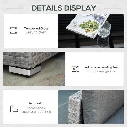 Outsunny 6-Seater Patio PE Rattan Sofa Set, w/ Tempered Glass Coffee Table Grey - Garden Sofa Sets