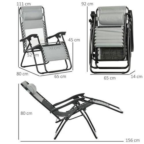 Foldable Garden Recliner Chair Set of 2 w/ Footstool & Headrest, Grey by Outsunny