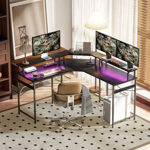 HOMCOM HOMCOM L Shaped Desk Corner Computer Desk with Monitor Stand, Black - Desk