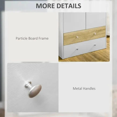 HOMCOM 2 Door Wardrobe White Wardrobe with Drawers and Hanging Rod for Bedroom - Wardrobe