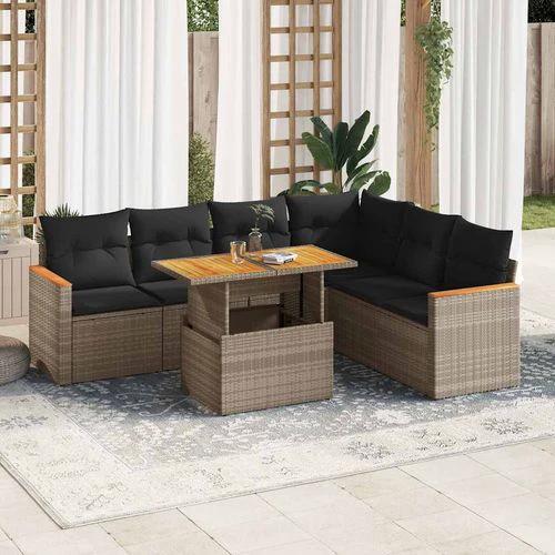 vidaXL 7 Piece Garden Sofa Set with Cushions Grey Poly Rattan Acacia by vidaXL
