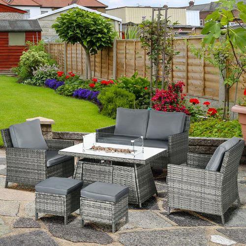 Outsunny Outsunny Rattan Garden Furniture Sofa Set Armchairs Footstools Fire Pit Table - Garden Sofa Sets