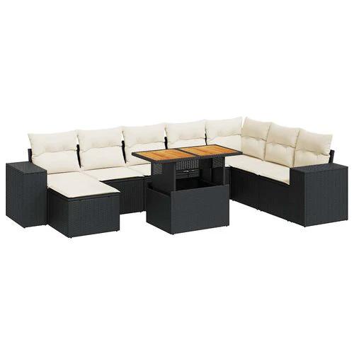 vidaXL vidaXL 9 Piece Garden Sofa Set with Cushions Black Poly Rattan Acacia - Garden Sofa Sets