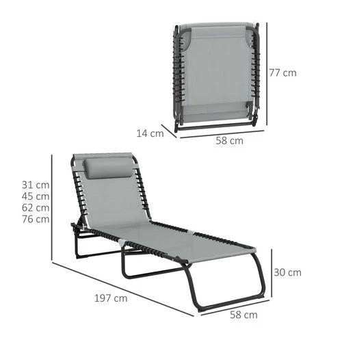 Outsunny Outsunny Folding Beach Chair Chaise Lounge 4 Adjustable Positions, Light Grey - Sun Lounger