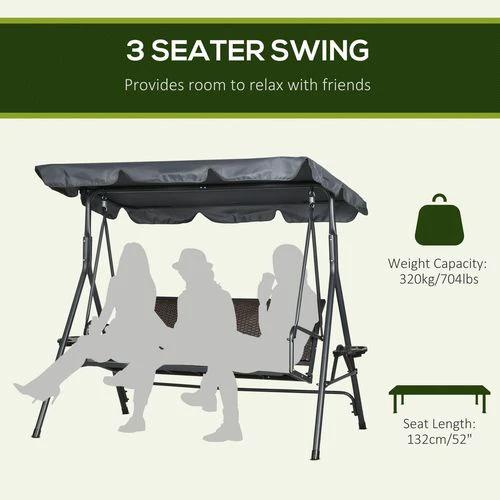 Outsunny Outsunny 3 Seater Garden Swing Seat Bench with Adjustable Canopy, Rattan Seat - Hammocks