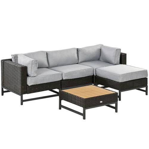 5 PCS Rattan Corner Sofa, Rattan Garden Furniture Wood Grain Plastic Top Table by Outsunny