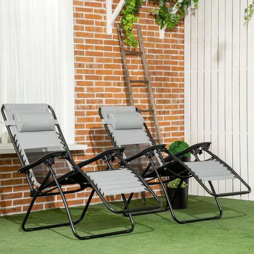 Foldable Garden Recliner Chair Set of 2 w/ Footstool & Headrest, Grey by Outsunny