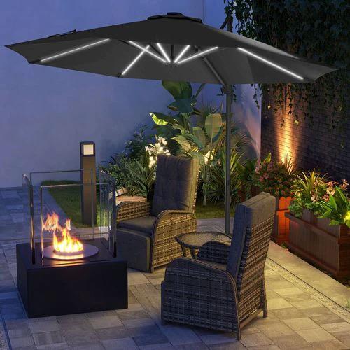 Outsunny Outsunny 3(m) Solar LED Cantilever Parasol Adjustable Garden Umbrella Dark Grey - Parasol