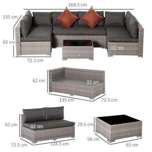 Outsunny 6-Seater Patio PE Rattan Sofa Set, w/ Tempered Glass Coffee Table Grey - Garden Sofa Sets