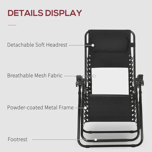 Outsunny Foldable Garden Recliner Chair Set of 2 w/ Footstool & Headrest, Black -