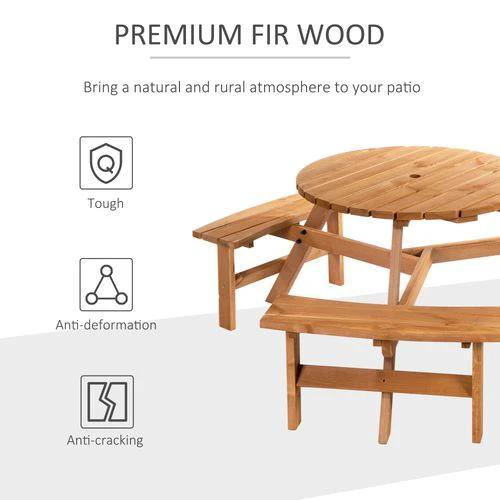 Outsunny Outsunny Round Table W/3 Attached Benches-Fir Wood - Garden Table