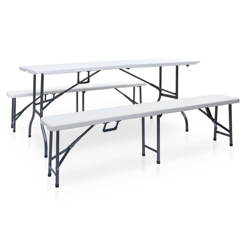 vidaXL Folding Garden Table with 2 Benches 180 cm Steel and HDPE White - Garden Table
