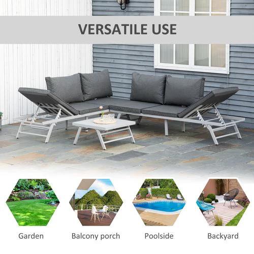 3Pc Garden Seating Set w/ Convertible Sofa Lounge Table Grey Coffee by Outsunny
