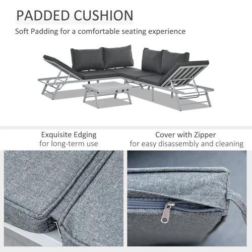 3Pc Garden Seating Set w/ Convertible Sofa Lounge Table Grey Coffee by Outsunny