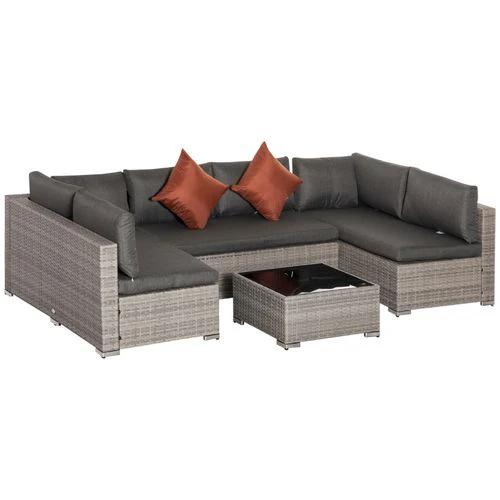 Outsunny 6-Seater Patio PE Rattan Sofa Set, w/ Tempered Glass Coffee Table Grey - Garden Sofa Sets