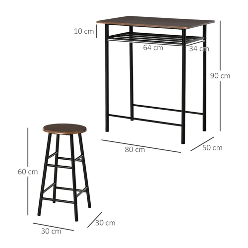 HOMCOM Compact Bar Set with Metal Frame and Oak Finish Featuring Storage Shelf for Small Spaces - Dining Set