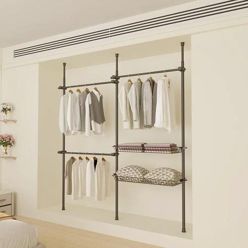 Double Telescopic Wardrobe Organiser with Adjustable Rail and Storage Baskets for Small Space Living by Direct Online Houseware