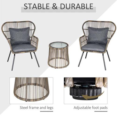 3 PCS Webbed PE Rattan Outdoor Patio Set w/ Cushions Steel Frame Grey Outsunny by Unbranded