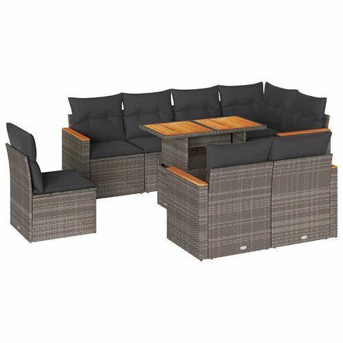 vidaXL vidaXL 9 Piece Garden Sofa Set with Cushions Grey Poly Rattan Acacia - Garden Sofa Sets
