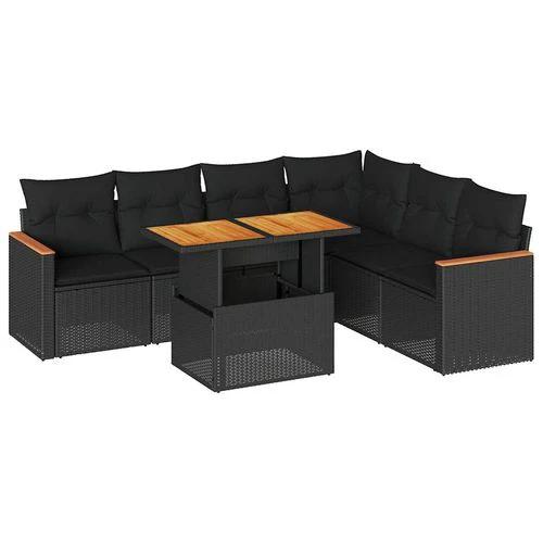 vidaXL 7 Piece Garden Sofa Set with Cushions Black Poly Rattan Acacia by vidaXL