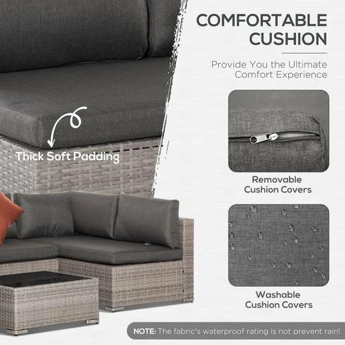 Outsunny 6-Seater Patio PE Rattan Sofa Set, w/ Tempered Glass Coffee Table Grey - Garden Sofa Sets