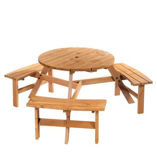 Outsunny Outsunny Round Table W/3 Attached Benches-Fir Wood - Garden Table