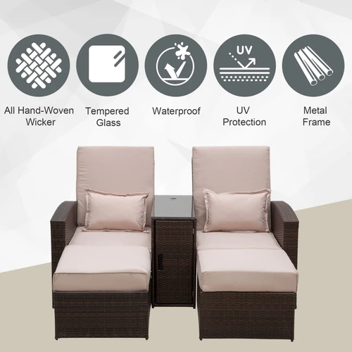 Outsunny Premium Double Rattan Sun Lounger Sofa Set 195cm with Thick Cushions for Outdoor Relaxation - Sun Lounger