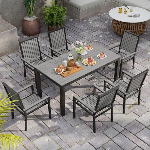 Outsunny Outsunny 6 Seater Aluminium Garden Dining Set with Stackable Chairs, Grey - Garden Set