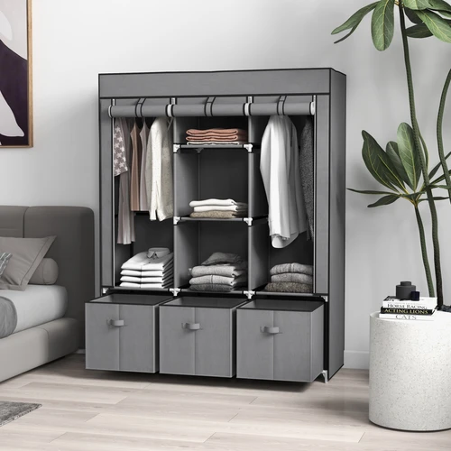 HOMCOM HOMCOM Portable Fabric Wardrobe 125x43x162.5cm with 5 Shelves 3 Drawers and 2 Hanging Rails for Organized Clothing Storage - Wardrobe