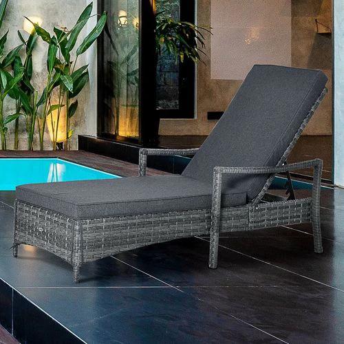 Rattan Single Sun Lounger Reclining Chair 4 Adjustable Backrest & Cushion Grey by Outsunny