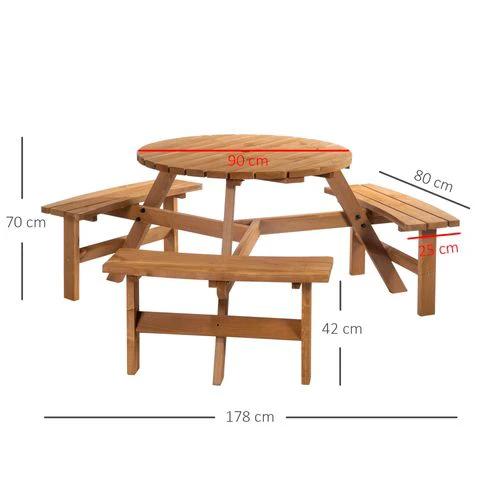 Outsunny Outsunny Round Table W/3 Attached Benches-Fir Wood - Garden Table