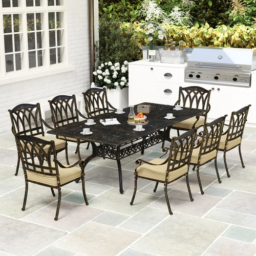 Elegant Nine-Piece Outdoor Dining Set with Cushions and Parasol Hole for Entertaining Guests by Outsunny