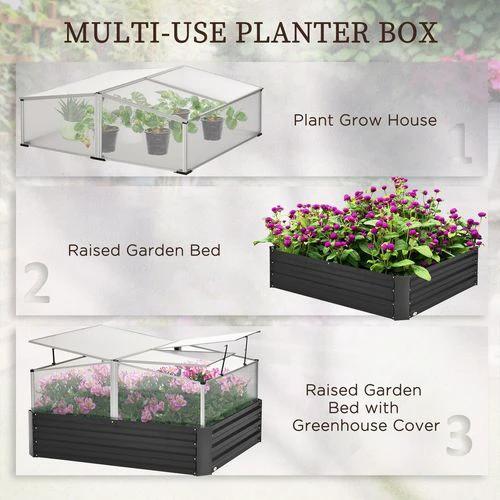 Outsunny Outsuuny Galvanised Raised Garden Bed with Greenhouse and Cover, Dark Grey - Raised Beds