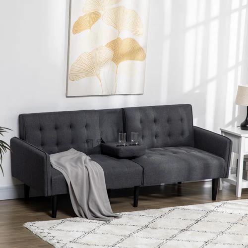 HOMCOM Upholstered Sofa bed 3 Seater Home Theater Futon Recliner with Cupholders Grey - Sofa Bed